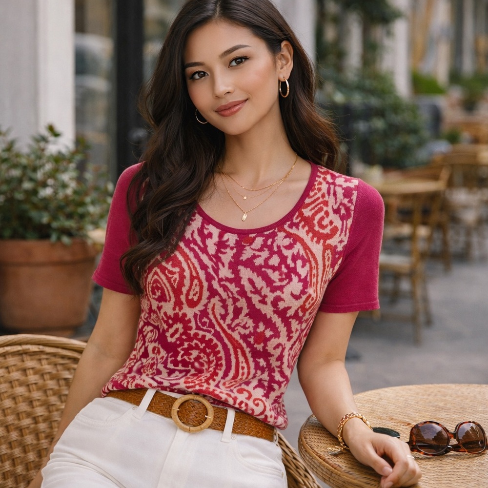 Max Mara Weekend Paisley Knit Sweater Top Pink & Cream Italian Designer